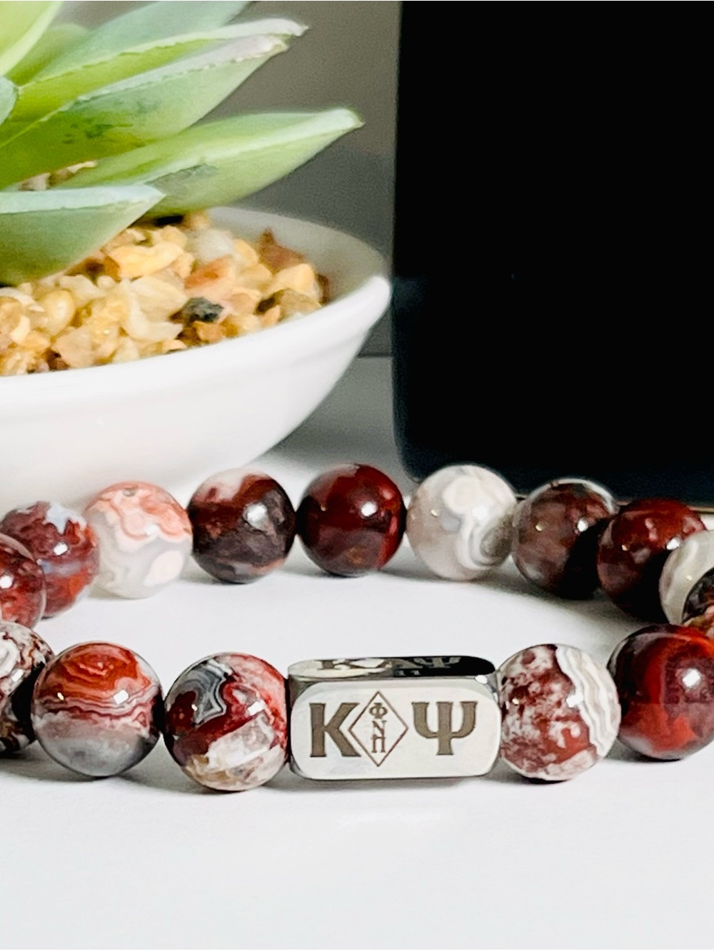 Kappa Alpha Psi Red and White Banded Agate Beaded Bracelet with Engraved charm